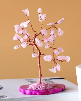 Ædelstenstræ med rosakvarts på agatfod | Dekorativt træ 10 cm
