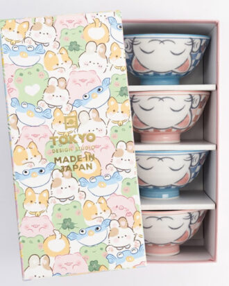 Kawaii Lucky Cat Gavesæt | 4 Japanske Risskåle 11,3 × 5,8 cm