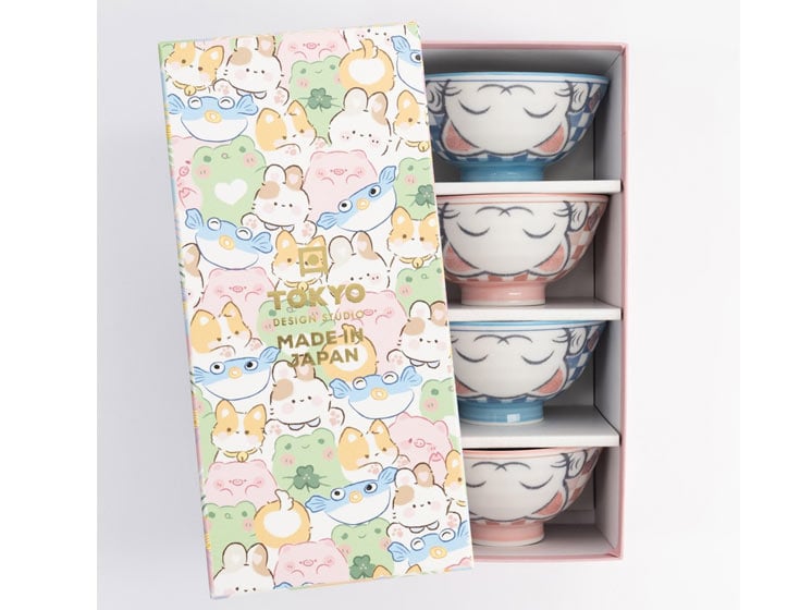 Kawaii Lucky Cat Gavesæt | 4 Japanske Risskåle 11,3 × 5,8 cm - Gavesæt og æsker